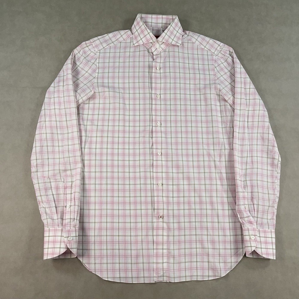 ISAIA Napoli 100% Cotton Plaid Button Down Dress Shirt Italy Pink Mens 15.5/39